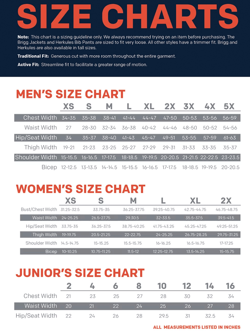 Grundens Size Chart